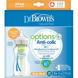Dr. Brown's Natural Flow Options, Πλαστικά Μπιμπερό Μπλε με Φαρδύ Λαιμό & Θηλή Σιλικόνης 3x270ml 93005